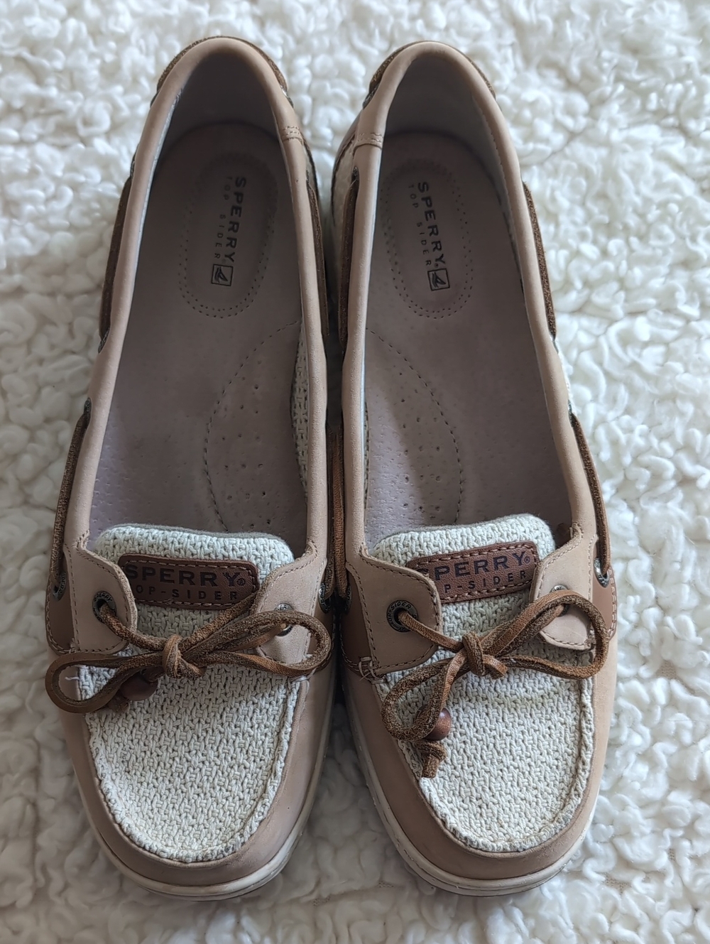 Sperry Women's Tan Leather & Cream Woven Boat Shoes